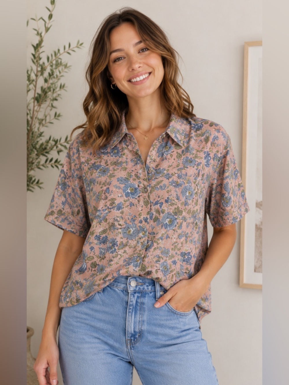 Hasting & Smith Vintage Button Up Shirt Dusty Pink Floral Short Sleeve Size 14
